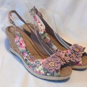 Hotter comfort floral slingback open toe cork wedge espidrille sandals size 8